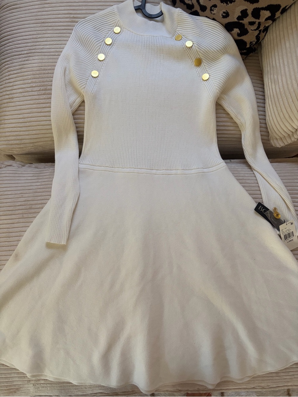 BCX Cream Long-Sleeve Knit Dress with Gold Buttons New w/ tags
